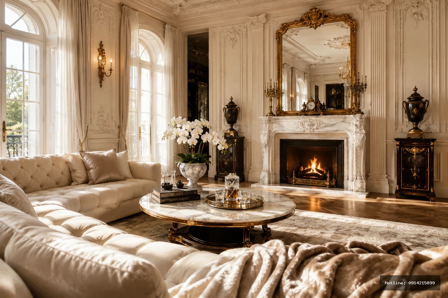 Từ góc sofa hữu cơ nhìn về phía tường rêu và lò sưởi — thảm sợi tự nhiên, bàn cà