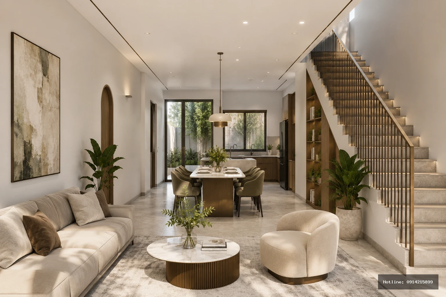 Phong khach - bep - an | Living Room, Kitchen and Dining Area View