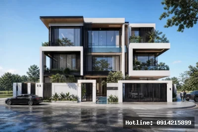 Góc nhìn chính diện | Công trình kiến trúc mang phong cách hiện đại với việc sử dụng vật liệu chủ đạo là kính và bê tông, tạo nên sự hài hòa giữa nét cứng cáp và trong suốt. Ánh sáng tự nhiên được tối ưu hóa qua các bức tường kính lớn, tạo ra không gian mở và thoáng đãng. Sự kết hợp khéo léo của cây xanh trên các tầng làm tăng thêm cảm giác gần gũi với thiên nhiên và tạo không khí dễ chịu, thư thái cho không gian sống.