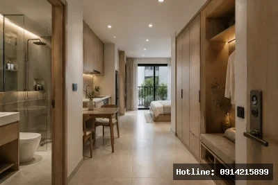 Bố cục từ cửa vào | Ngay sau cửa là khu vệ sinh, tiếp đến là bàn ăn và bếp, cuối cùng là khu giường ngủ theo layout tối ưu cho nhà ngang 5m hoặc 6m. Cách tổ chức giúp lưu thông thuận tiện và tiết kiệm diện tích.