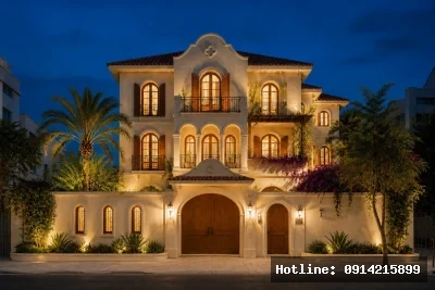 Không gian ban đêm | Ánh sáng ấm lan tỏa từ các ô cửa và hiên nhà làm nổi bật kiến trúc mái dốc. Biệt thự trở nên yên tĩnh và sang trọng trong khung cảnh đêm.