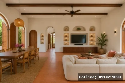 Khu vực sofa thư giãn | Bộ sofa bố trí hướng ra cảnh quan giúp tối ưu ánh sáng tự nhiên. Chất liệu và màu sắc trung tính tạo cảm giác nhẹ nhàng và sang trọng.