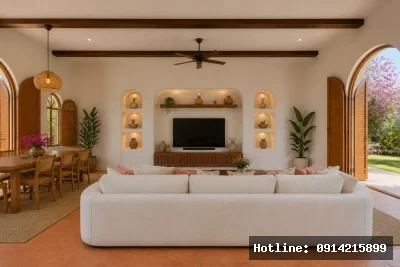 Vách tivi trung tâm | Vách tivi sử dụng vật liệu ấm và bố cục cân đối, tạo điểm nhấn cho không gian. Thiết kế liền mạch giúp tăng tính hiện đại và gọn gàng.