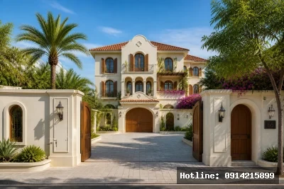 Không gian cổng vào | Lối vào được thiết kế trang nhã với cổng vòm và vật liệu tự nhiên. Cây xanh và hoa giấy bougainvillea dẫn lối, tạo cảm giác chào đón nhẹ nhàng.