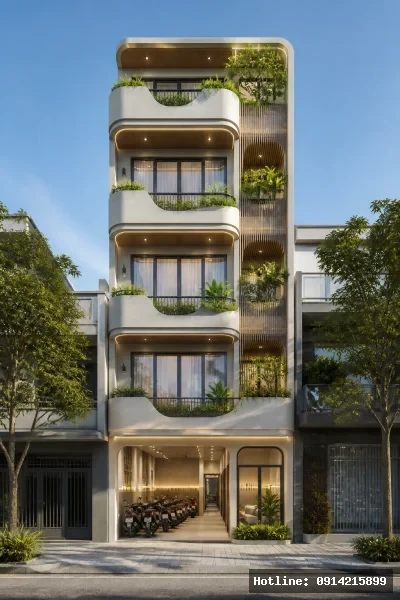Tổng thể công trình hiện đại | Mặt tiền theo phong cách Urban Contemporary với tỷ lệ đứng thanh thoát, vật liệu tông sáng và các lớp ban công lùi hợp lý. Giải pháp phù hợp cho nhà ngang 5m, 6m, 7m, 10m hoặc 15m khi cần tối ưu hình ảnh và hiệu quả khai thác.